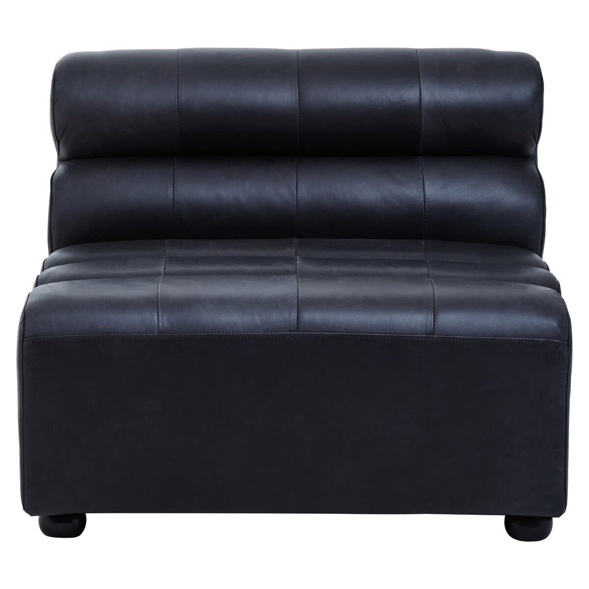 Armless modular sofa chair in antique black leather featuring a sleek design with two rounded back cushions and a sturdy rectangular base, supported by short legs. The leather has a textured finish, showcasing a classic and elegant look suitable for various interior styles