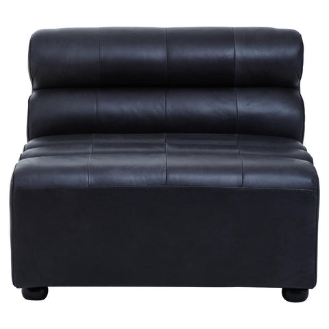 Armless modular sofa chair in antique black leather featuring a sleek design with two rounded back cushions and a sturdy rectangular base, supported by short legs. The leather has a textured finish, showcasing a classic and elegant look suitable for various interior styles
