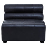 Armless modular sofa chair in antique black leather featuring a sleek design with two rounded back cushions and a sturdy rectangular base, supported by short legs. The leather has a textured finish, showcasing a classic and elegant look suitable for various interior styles