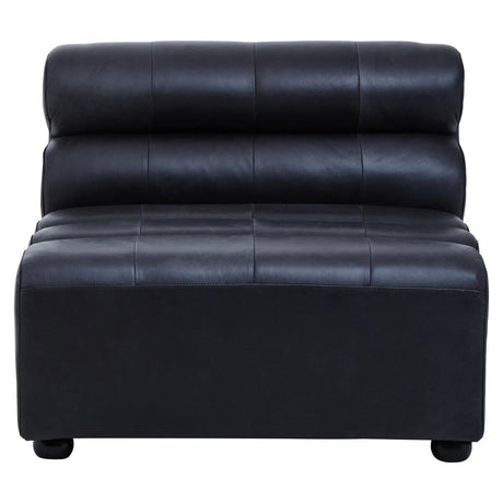 Armless modular sofa chair in antique black leather featuring a sleek design with two rounded back cushions and a sturdy rectangular base, supported by short legs. The leather has a textured finish, showcasing a classic and elegant look suitable for various interior styles