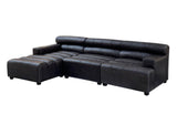 Antique black leather modular sofa chair with a sleek design, featuring no armrests and a low backrest. The sofa has a sectional layout with a chaise lounge on one side, supported by short, sturdy legs. The leather upholstery has a smooth finish, showcasing a modern yet classic aesthetic suitable for various interior styles
