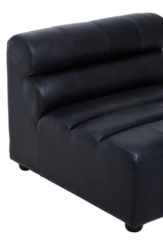 Armless modular sofa chair in antique black leather featuring a sleek design with three horizontal tufted sections on the backrest and a smooth, minimalist seat. The chair has rounded edges and sits on short, sturdy legs