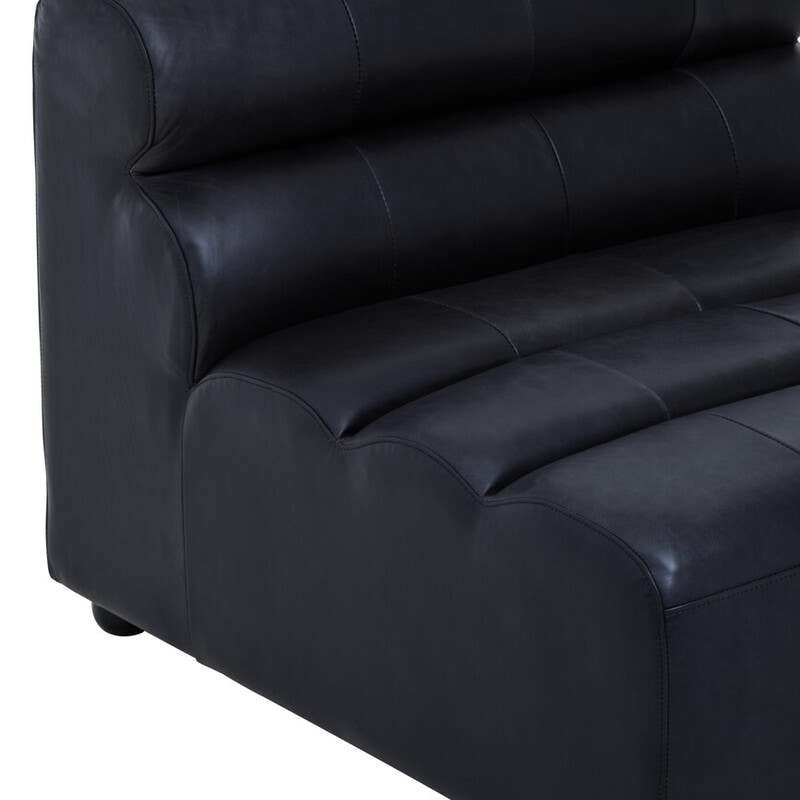 Armless modular sofa chair in antique black leather featuring a sleek design with three horizontal tufted sections on the backrest and a smooth, minimalist seat. The chair has rounded edges and sits on short, sturdy legs