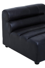 Armless modular sofa chair in antique black leather featuring a sleek design with three horizontal tufted sections on the backrest and a smooth, minimalist seat. The chair has rounded edges and sits on short, sturdy legs