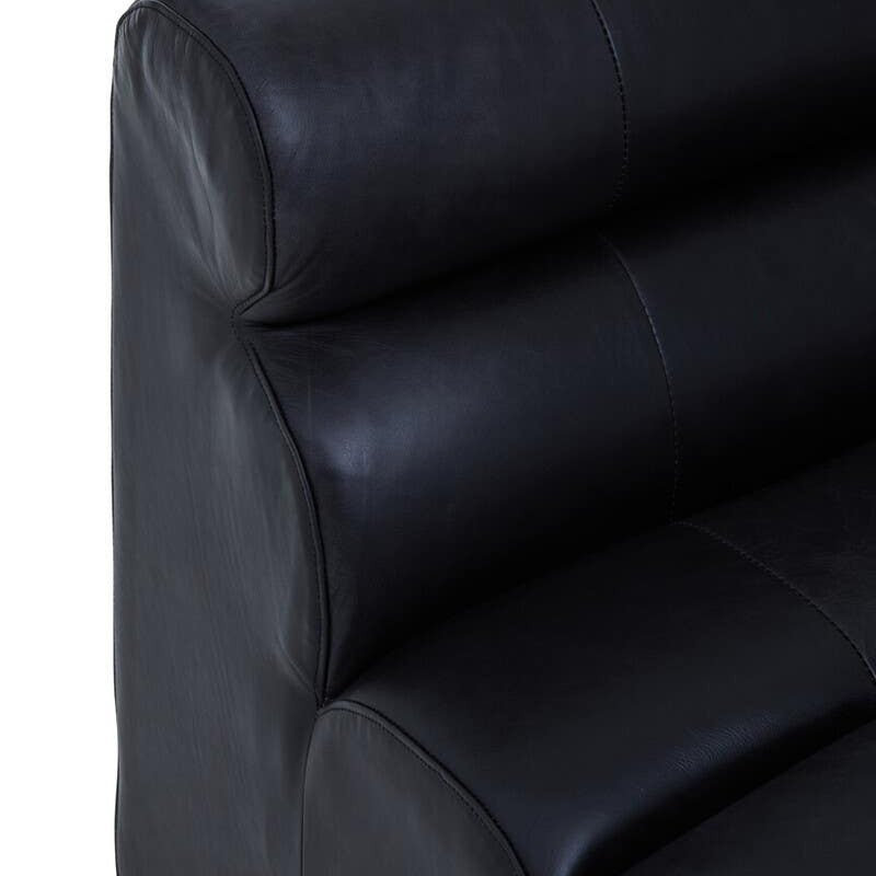 Close-up view of a king armless modular sofa chair featuring antique black leather upholstery, showcasing a smooth surface with subtle texture and three horizontal padded sections on the backrest for added comfort