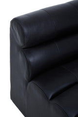 Close-up view of a king armless modular sofa chair featuring antique black leather upholstery, showcasing a smooth surface with subtle texture and three horizontal padded sections on the backrest for added comfort