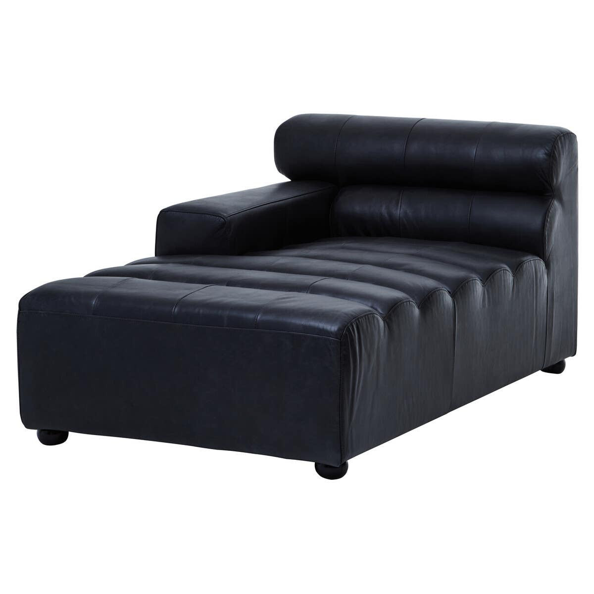 Left arm chaise sofa upholstered in antique black leather, featuring a sleek design with a low backrest and three horizontal tufted sections. The sofa has rounded edges and sits on short, sturdy legs