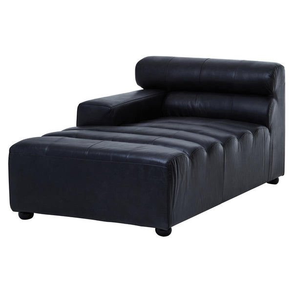Left arm chaise sofa upholstered in antique black leather, featuring a sleek design with a low backrest and three horizontal tufted sections. The sofa has rounded edges and sits on short, sturdy legs