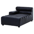 Left arm chaise sofa upholstered in antique black leather, featuring a sleek design with a low backrest and three horizontal tufted sections. The sofa has rounded edges and sits on short, sturdy legs