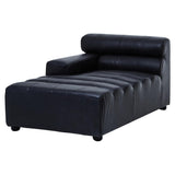Left arm chaise sofa upholstered in antique black leather, featuring a sleek design with a low backrest and three horizontal tufted sections. The sofa has rounded edges and sits on short, sturdy legs