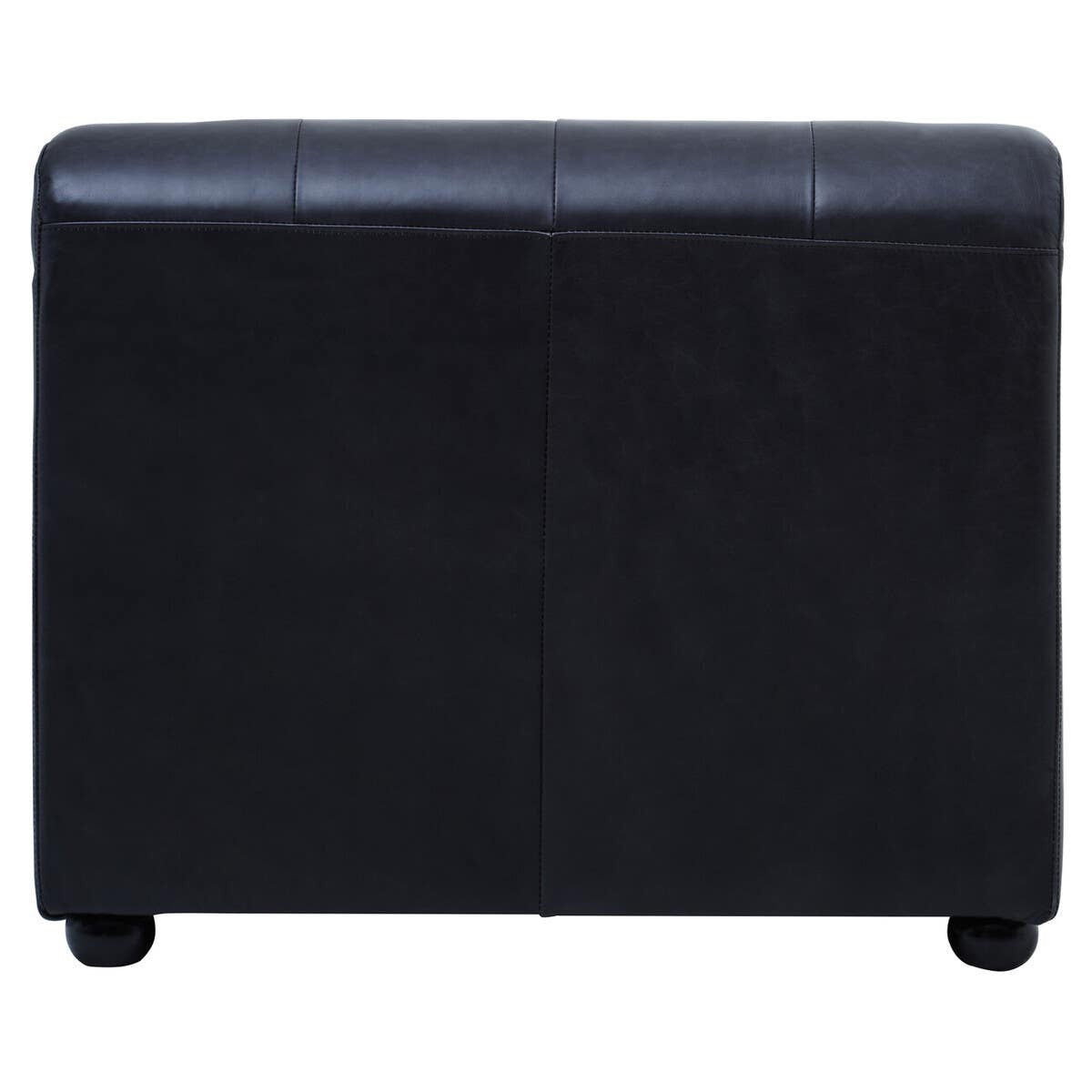 Antique black leather modular chaise sofa with a left arm, featuring a sleek design and smooth surface, supported by small round feet. The sofa showcases a minimalist aesthetic suitable for modern home decor