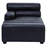 Left arm chaise sofa in antique black leather, featuring a sleek design with a low backrest and a rolled cushion. The seat has horizontal stitching for added texture, and the legs are short and rounded, providing stability