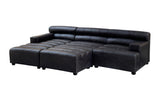 Left arm modular chaise sofa in antique black leather, featuring a sleek design with a low backrest and plush seating. The sofa has a sectional layout with a spacious chaise, supported by short legs for stability. The leather upholstery showcases a smooth finish, enhancing its modern aesthetic