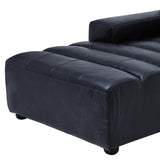 Left arm of a modular chaise sofa featuring a sleek antique black leather upholstery, with a smooth, curved design and plush seating area. The base is supported by rounded feet, enhancing its modern aesthetic