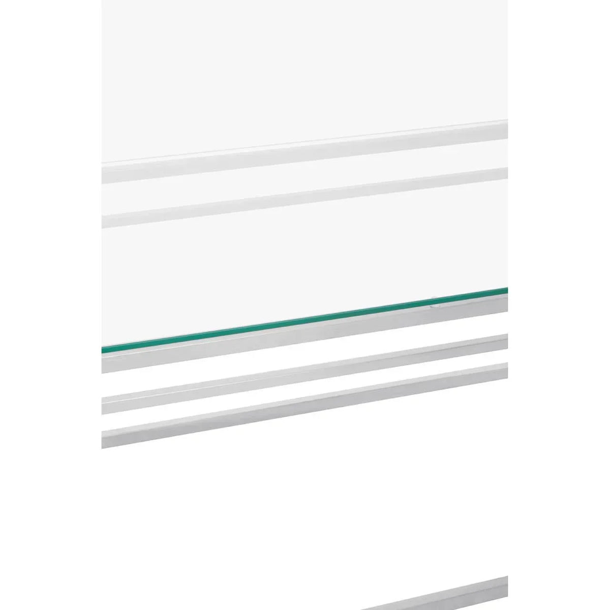 White metal furniture frame with horizontal glass shelf, close-up view