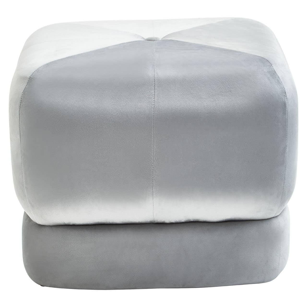 Square stool upholstered in soft grey velvet with a smooth, plush surface. The design features clean lines and a minimalist aesthetic, suitable for modern home decor