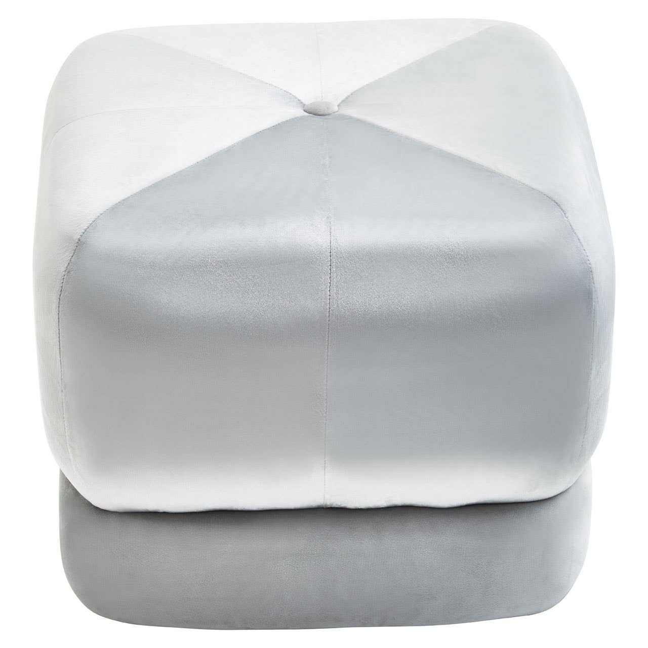 A square stool upholstered in soft grey velvet, featuring a geometric design with a quilted pattern on the top surface and a smooth base. The stool has rounded edges and a minimalist aesthetic, suitable for various home decor styles