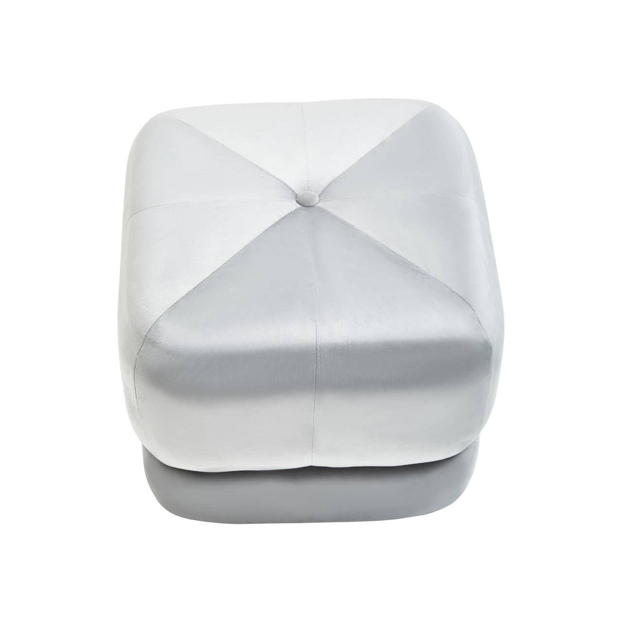 Square stool upholstered in soft grey velvet, featuring a quilted top design with a subtle sheen and a solid base
