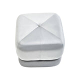 Square stool upholstered in soft grey velvet, featuring a quilted top design with a subtle sheen and a solid base