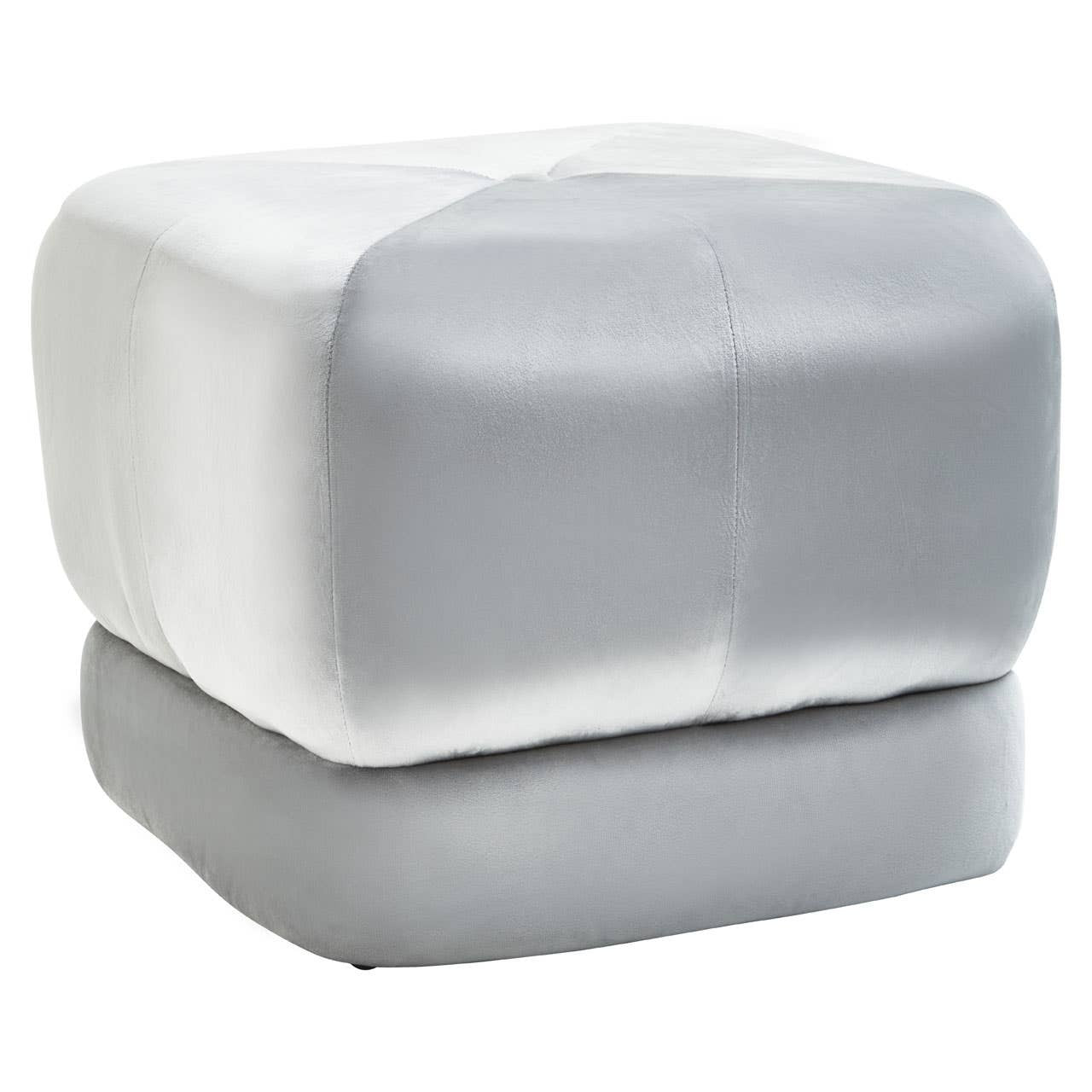 Square stool featuring a modern design with a combination of grey and white velvet upholstery, showcasing a smooth, plush surface and rounded edges. The stool has a layered appearance with a lighter top section and a darker base