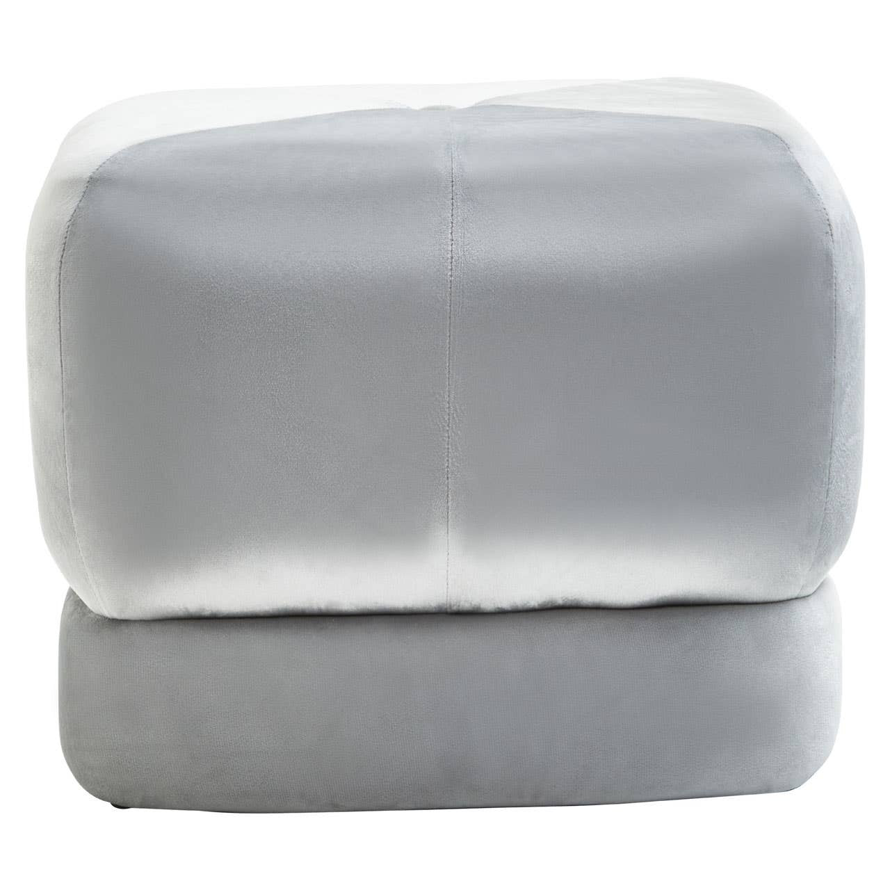 Square stool upholstered in soft grey velvet with a smooth, rounded top and clean lines, featuring a minimalist design that complements modern home decor