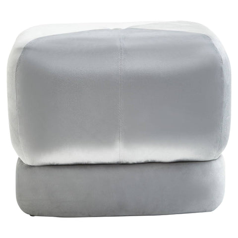 Square stool upholstered in soft grey velvet with a smooth, rounded top and clean lines, featuring a minimalist design that complements modern home decor
