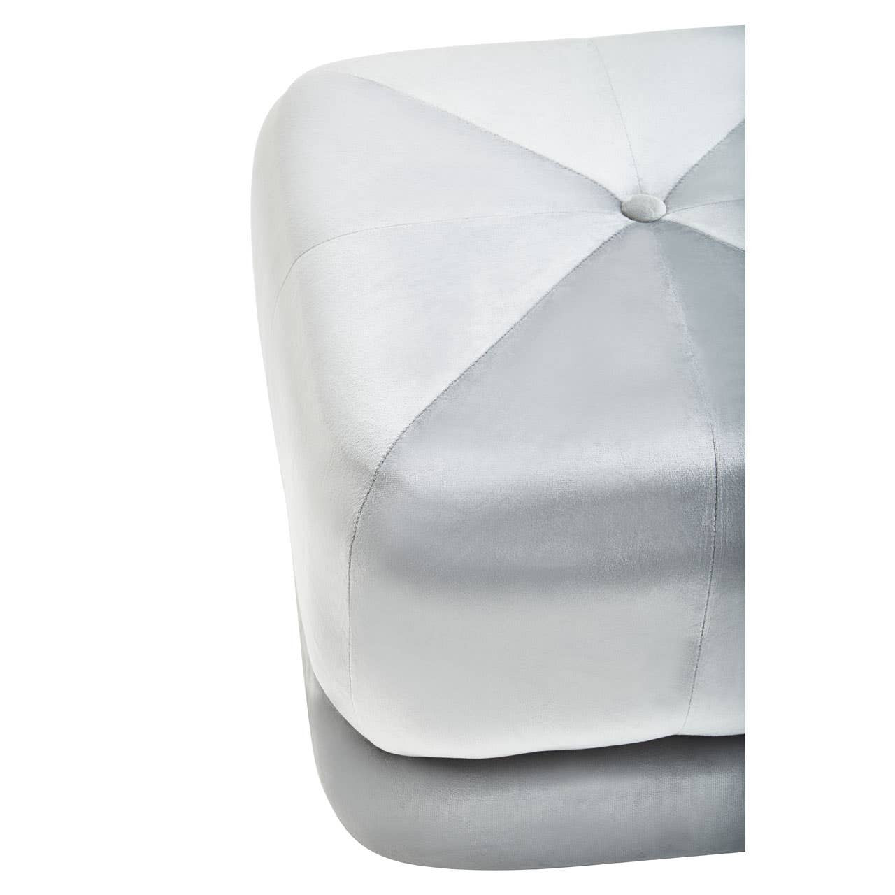 Square stool upholstered in soft grey velvet with a quilted design on the top surface, showcasing a modern and stylish appearance. The edges are rounded, and the stool has a sturdy base that complements its elegant look