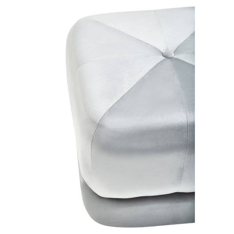Square stool upholstered in soft grey velvet with a quilted design on the top surface, showcasing a modern and stylish appearance. The edges are rounded, and the stool has a sturdy base that complements its elegant look
