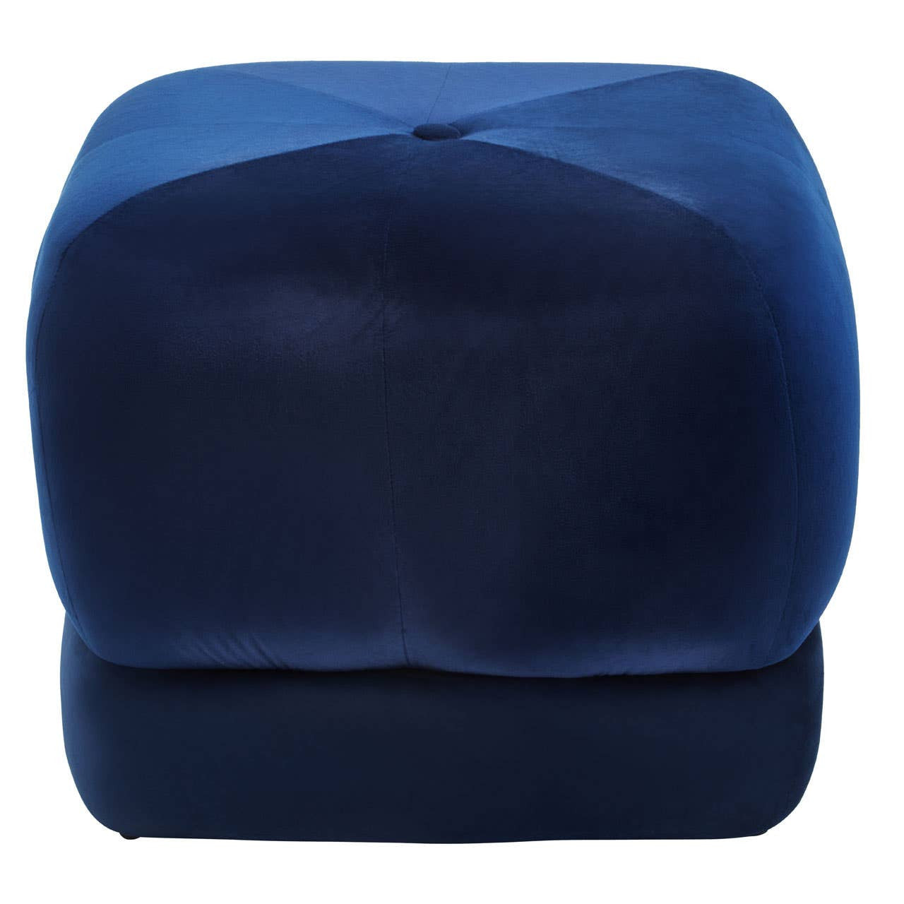 Midnight blue velvet square stool with a tufted top and soft texture, featuring rounded edges and a sturdy base