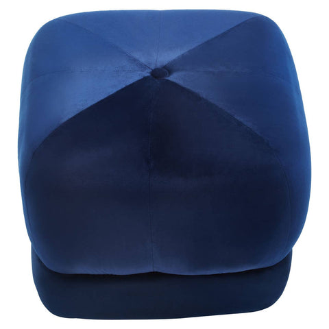 Midnight blue velvet square stool featuring a smooth, plush surface with a subtle sheen and a geometric design on the top. The edges are rounded, giving it a modern and stylish appearance