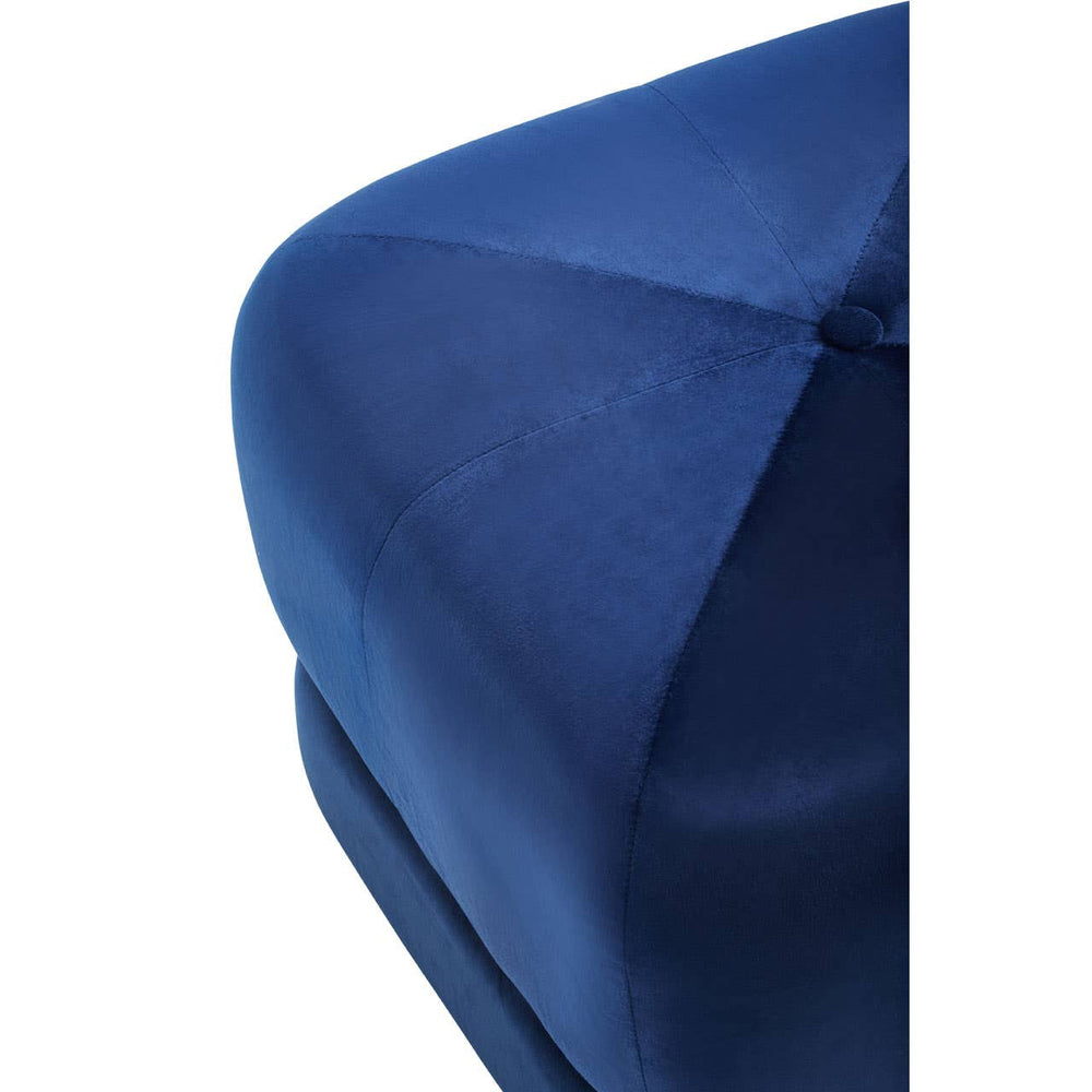 Midnight blue velvet square stool with a smooth, textured surface and clean, angular edges, showcasing a modern design
