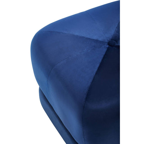 Midnight blue velvet square stool with a smooth, textured surface and clean, angular edges, showcasing a modern design