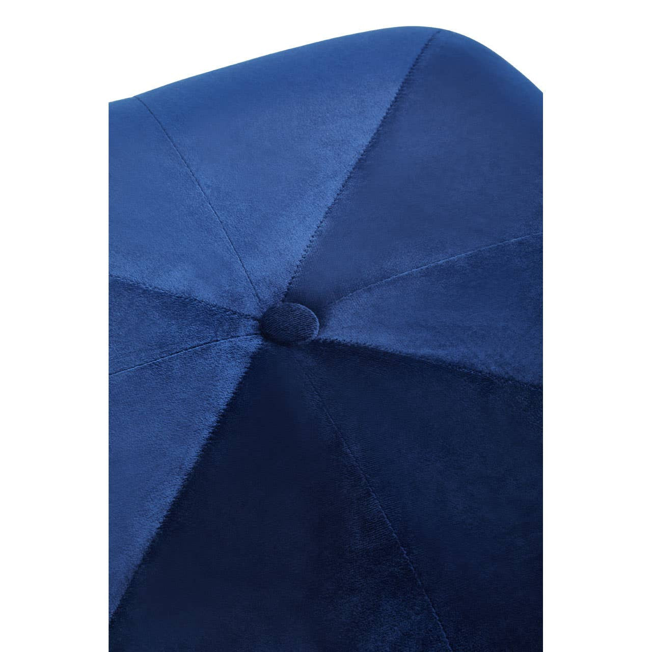 Midnight blue velvet square stool with a smooth, soft texture and rounded corners, showcasing a subtle sheen. The top surface features a button detail at the center, enhancing its elegant design