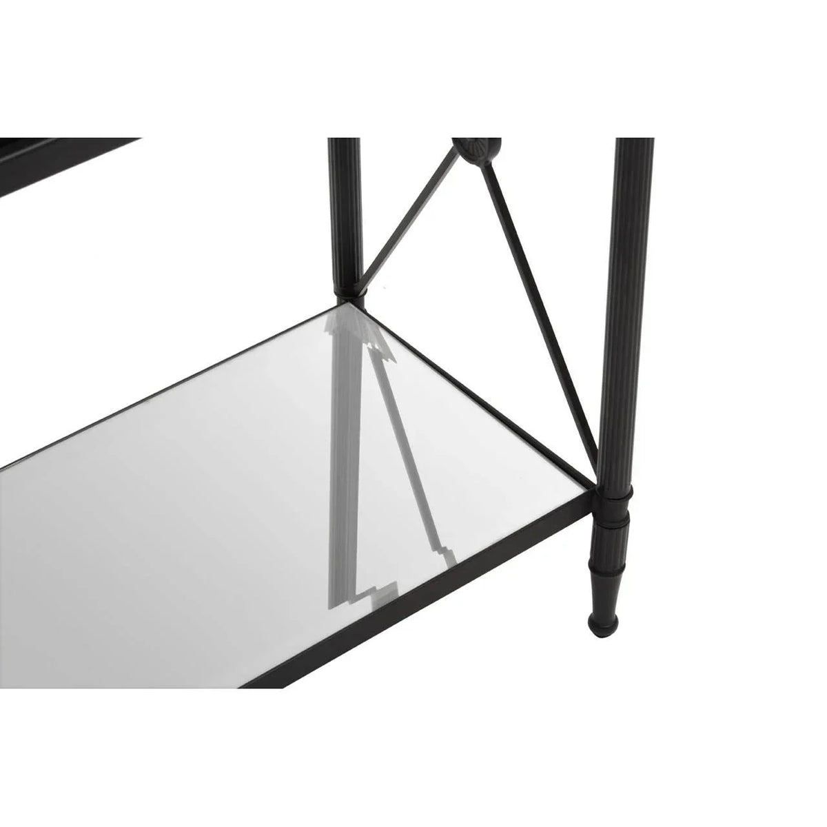 Black metal console table with glass shelf and decorative frame detail
