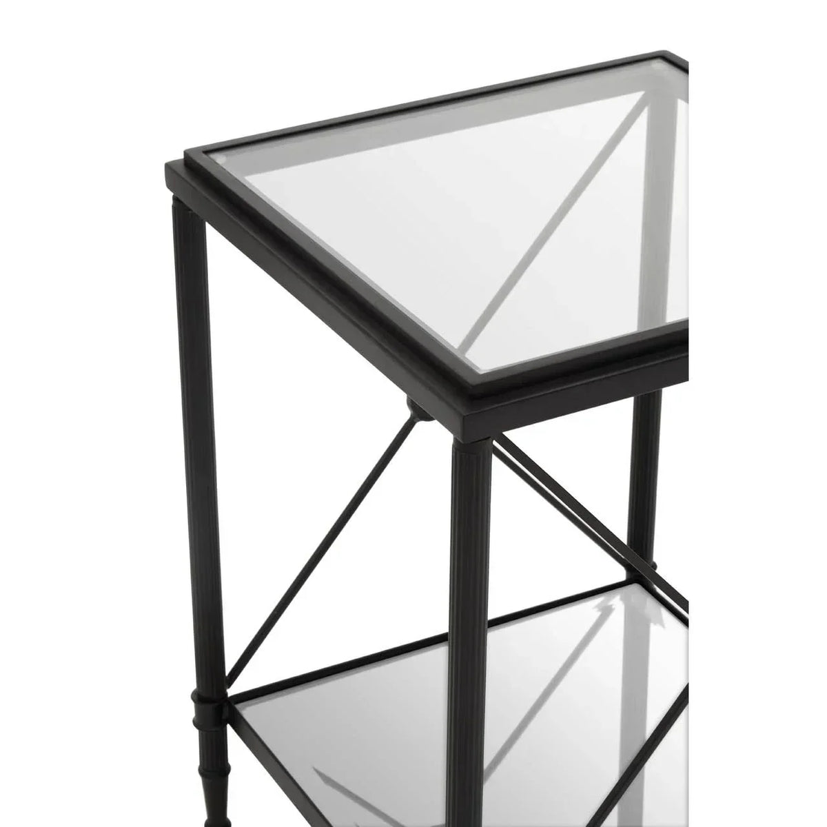 Black metal and glass side table with lower shelf and modern frame detail