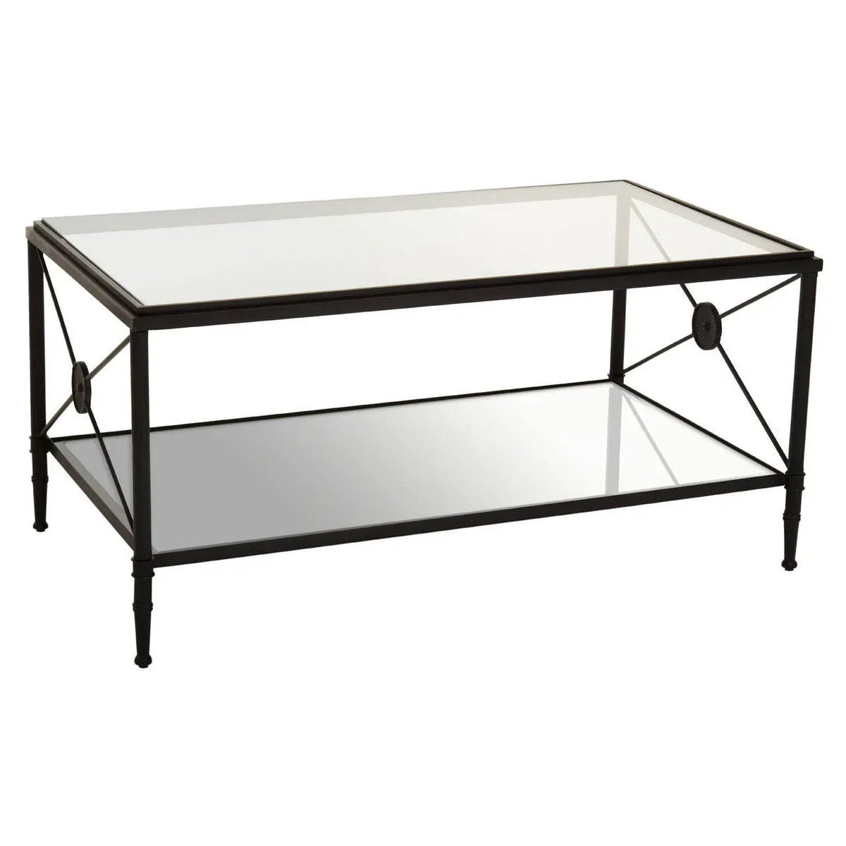 Rectangular glass coffee table with black metal frame and lower glass shelf