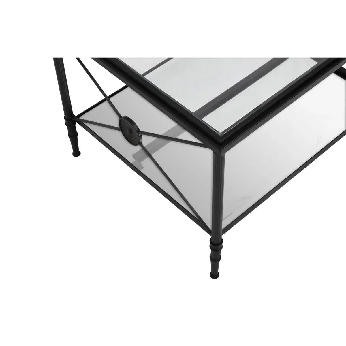 Black metal and glass coffee table corner with geometric frame detail