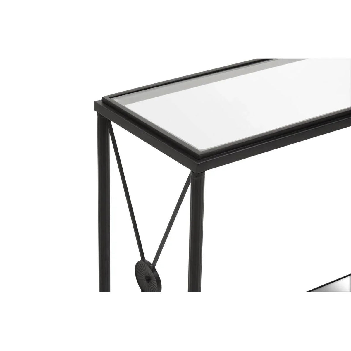 Black metal console table with glass top and decorative circular side detail