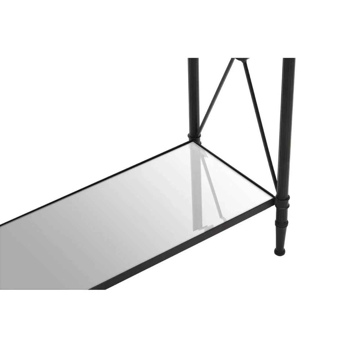 Black metal furniture frame with clear glass shelf and crossbar support detail