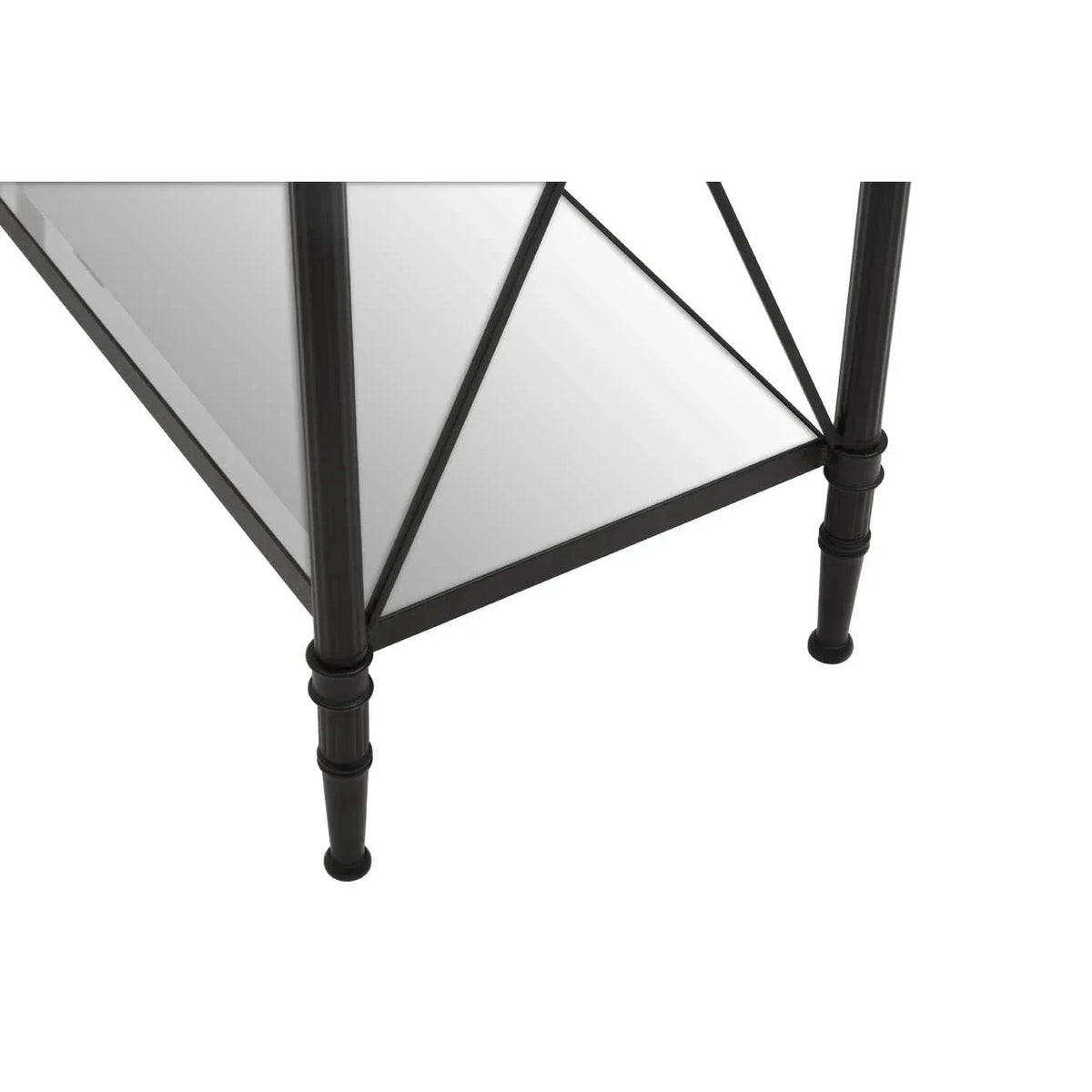 Black metal furniture leg with mirrored glass shelf detail