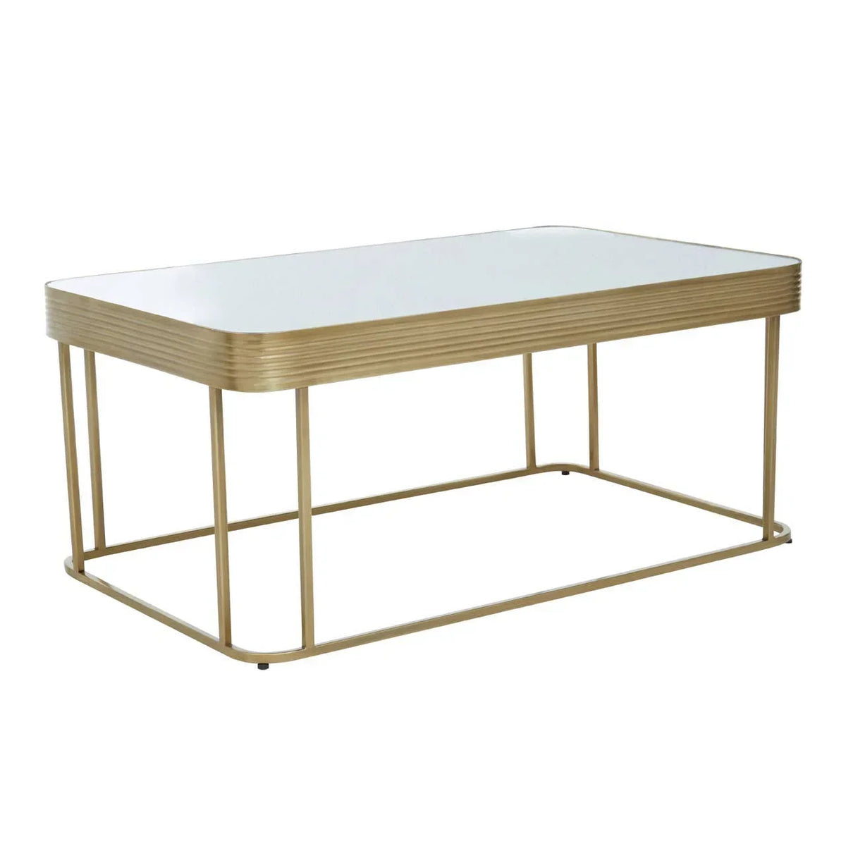 Rectangular glass coffee table with gold metal frame and rounded corners
