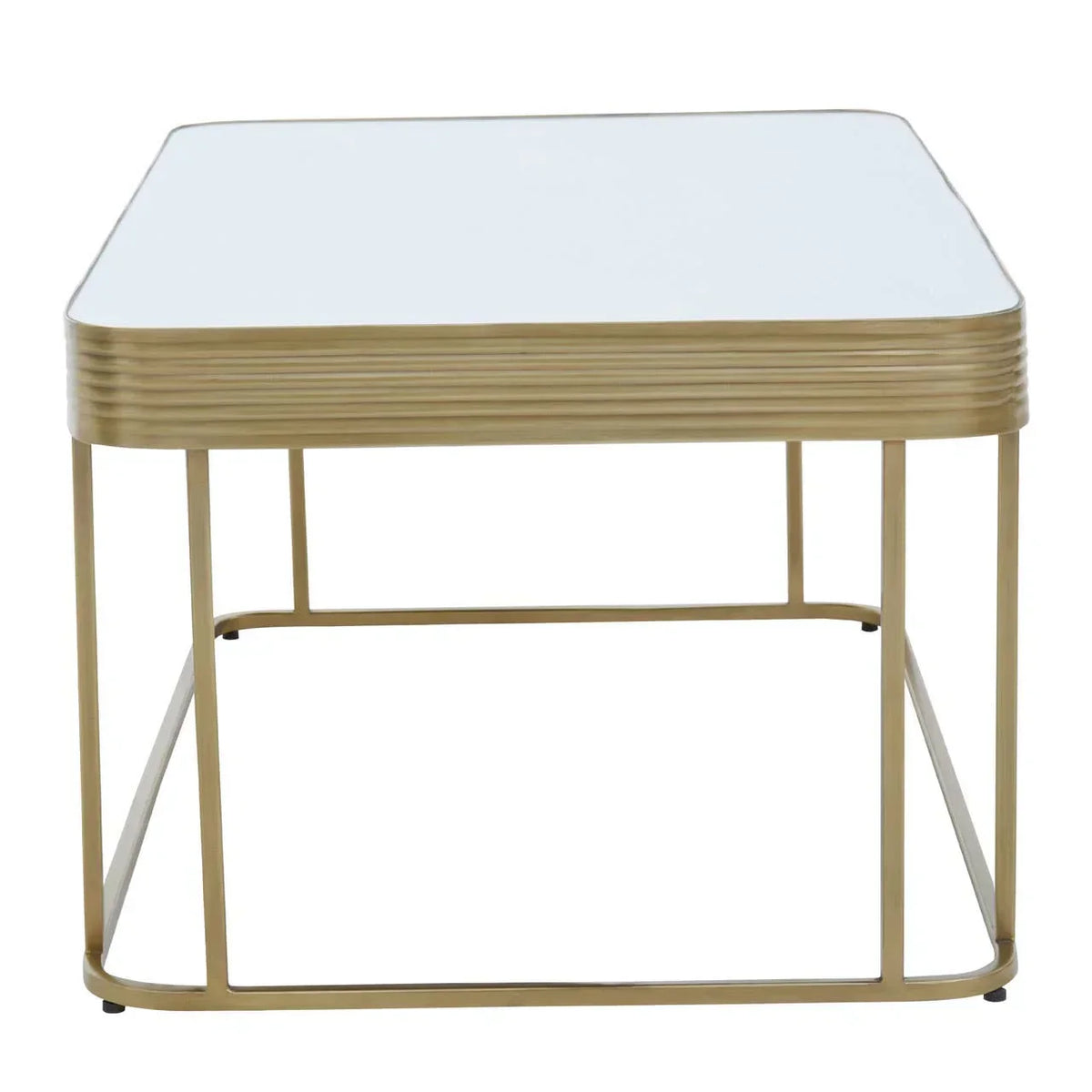 Square glass top coffee table with gold metal frame and modern ribbed edge design