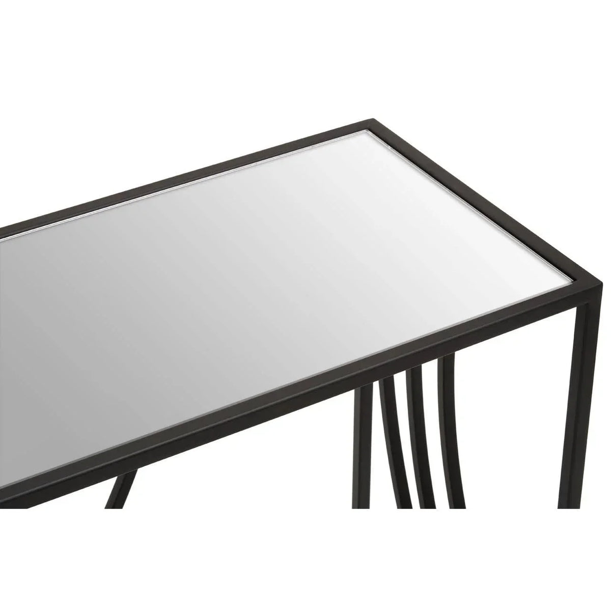 Rectangular glass top console table with black metal frame, corner and leg detail view