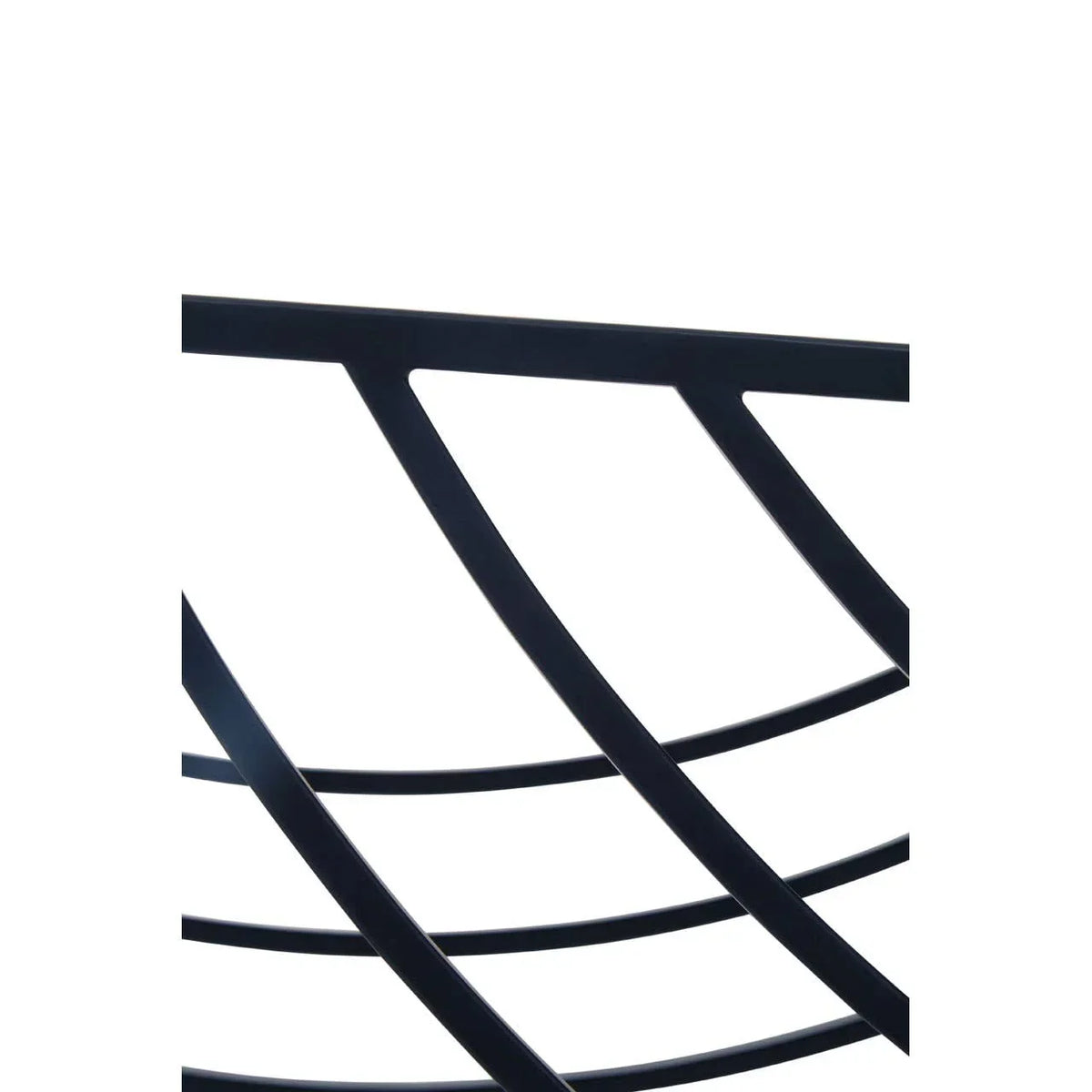 Black metal chair backrest with modern curved slat design, close-up view