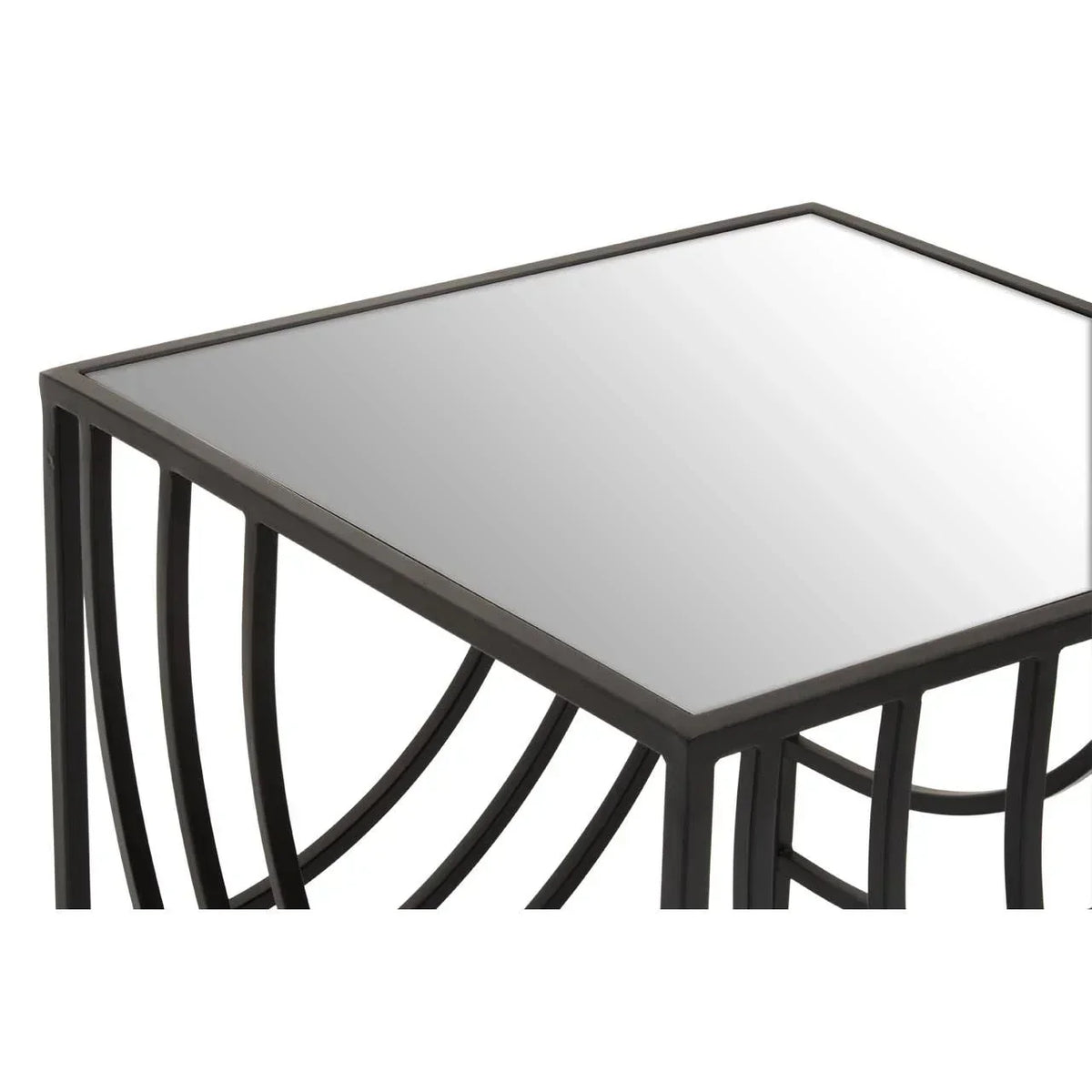 Square glass top side table with black metal frame and geometric base design