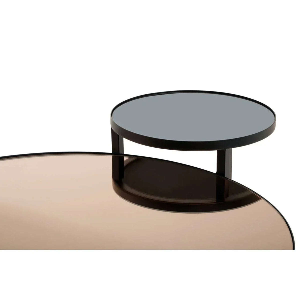 Round glass coffee table with nested black metal frame and smoked glass detailing