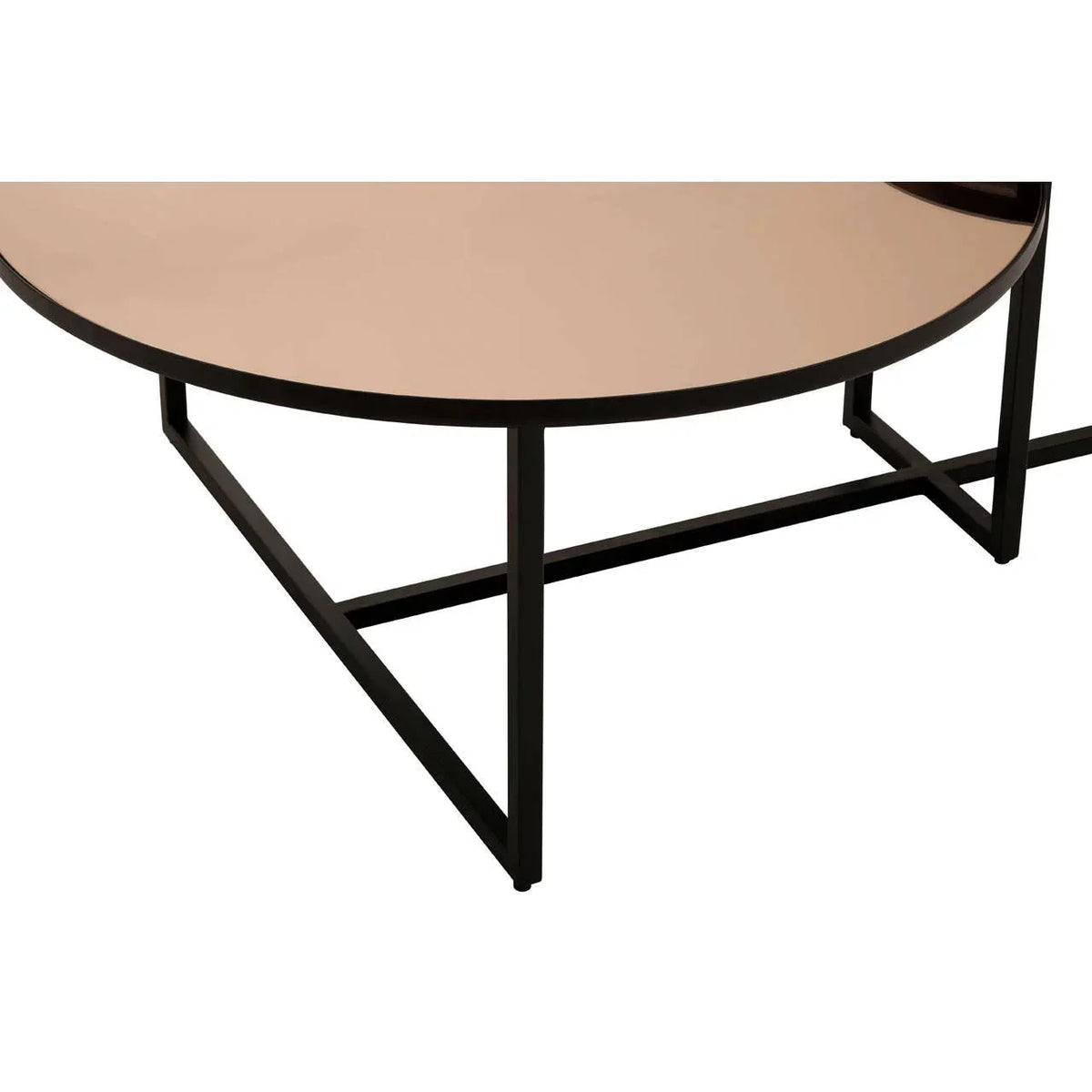Round coffee table with black metal frame and beige glass top, modern design detail
