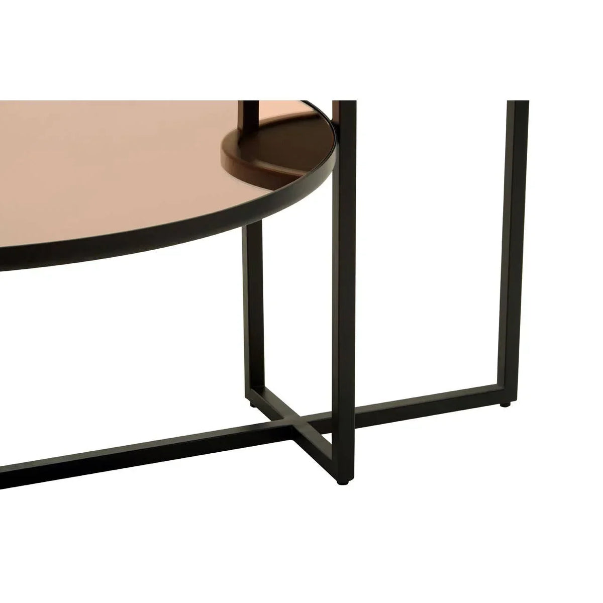 Round glass coffee table with black metal frame and geometric base detail