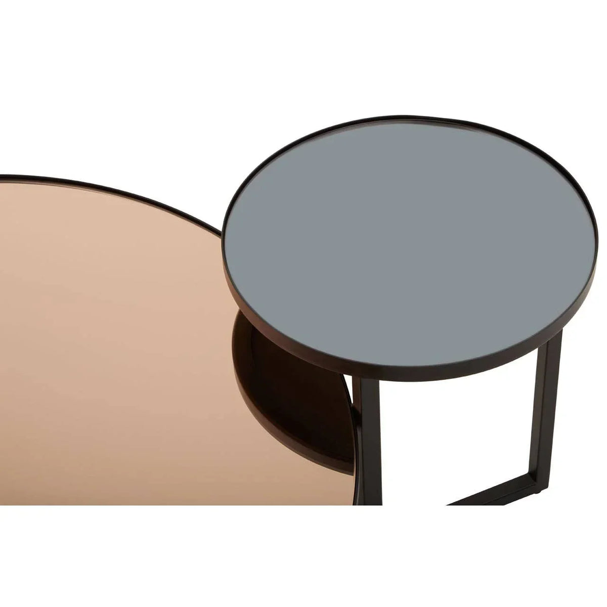 Round nesting coffee tables with tinted glass tops in black metal frames