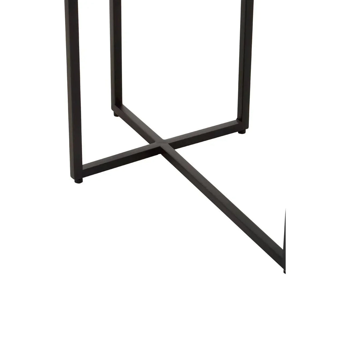 Black metal table legs with cross frame, closeup on modern dining table base